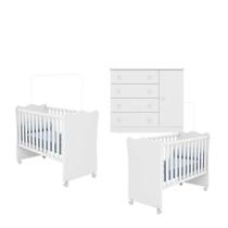 Quarto de Bebê Berço Gemeos c/ Rodízios e Cômoda Doce Sonho Branco Qmovi