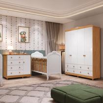 Quarto de Bebê Berço Guarda Roupa e Cômoda Maya Clássico Espresso Móveis Branco/Amêndoa/Brilho