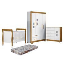 Quarto de Bebê Berço Mini Cama com Colchão, Cômoda 1 Porta 4 Gavetas e Roupeiro 4 Portas 2 Gavetas