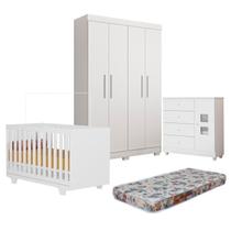 Quarto de Bebê Berço Mini Cama com Colchão, Cômoda 1 Porta 4 Gavetas e Roupeiro 4 Portas 3 Gavetas Branco Quarto de Bebê Berço Mini Cama com Colchão, Cômoda 1 Porta 4 Gavetas e Roupeiro 4 Portas 3 Gavetas Branco