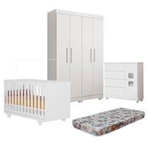 Quarto de Bebê Berço Mini Cama com Colchão, Cômoda 1 Porta 4 Gavetas e Roupeiro 4 Portas 3 Gavetas
