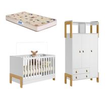 Quarto de Bebê Berço mini cama e Guarda-Roupa 3 portas 2 Gavetas Fantasia Qmovi e Colchão Gazin