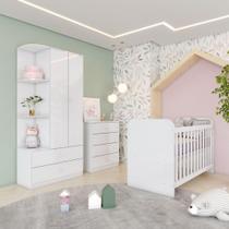 Quarto de Bebê Berço Mini Cama Guarda Roupa e Cômoda Sonho Encantado Espresso Móveis Branco