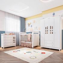 Quarto de Bebê Berço Mini Cama Provançal Lisa Guarda Roupa 4 Portas Cômoda com Porta Fraldario Infantil Branco Carolina Baby