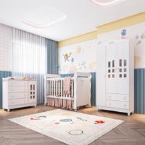 Quarto de Bebê Berço Mini Cama Provençal Lisa Guarda Roupa 3 Portas Cômoda com Porta Fraldario Infantil Branco Carolina Baby