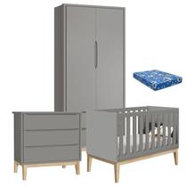 Quarto de Bebê Classic 2 Portas com Colchão e Comoda Gaveteiro Cinza Pés Madeira Natural Reller