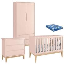 Quarto de Bebê Classic 2 Portas com Colchão e Cômoda Gaveteiro Rosa Pés Madeira Natural Reller