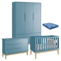 Quarto de Bebê Classic 3 Portas com Colchão Azul Pés Madeira Natural Reller