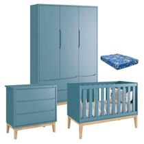 Quarto de Bebê Classic 3 Portas com Colchão e Cômoda Gaveteiro Azul Pés Madeira Natural - Reller