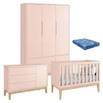 Quarto De Bebê Classic 3 Portas Com Colchão Rosa Pés Madeira Natural - Reller Quarto De Bebê Classic 3 Portas Com Colchão Rosa Pés Madeira Natural - Reller