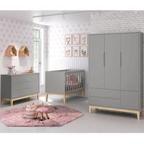 Quarto de Bebê Classic 3 Portas Cômoda com Porta Cinza com Pés Madeira Natural - Reller