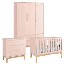 Quarto de Bebê Classic 3 Portas Cômoda Gaveteiro Rosa com Pés Madeira Natural - Reller Quarto de Bebê Classic 3 Portas Cômoda Gaveteiro Rosa com Pés Madeira Natural - Reller