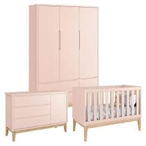 Quarto De Bebê Classic 3 Portas Rosa Com Pés Madeira Natural Reller