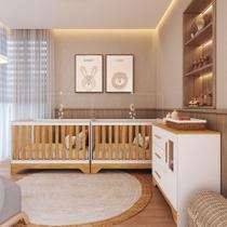 Quarto de Bebê com 2 Berço Mini Cama Cômoda 1 Portas 3 Gavetas com Janela Popy Retrô Peroba