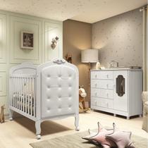 Quarto de Bebê com Berço 3 em 1 com Capitonê e Cômoda 100% MDF Maya Provençal Yescasa Branco/Brilho