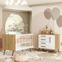 Quarto de Bebê com Berço Americano 3820 e Cômoda Infantil 3825 Qencanto Retrô Qmovi Freijó Branco Acetinado