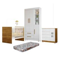 Quarto de Bebê com Berço com Colchão, Cômoda 1 Porta 4 Gavetas e Roupeiro Flocos 3 Portas 2 Gavetas Branco/Madeirado Ypê