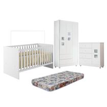 Quarto de Bebê com Berço com Colchão Suporte, Cômoda 1 Porta 4 Gavetas e Roupeiro 3 Portas 2 Gavetas Branco