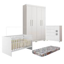 Quarto de Bebê com Berço com Colchão Suporte, Cômoda 1 Porta 4 Gavetas e Roupeiro 4 Portas 3 Gavetas Branco