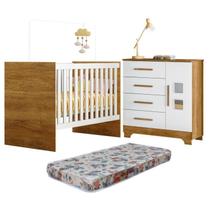 Quarto de Bebê com Berço com Colchão Suporte Life 100% MDF e Cômoda 4 Gavetas 1 Porta Fly 100% MDF Branco/Madeirado Ypê