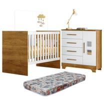 Quarto de Bebê com Berço com Colchão Suporte Life 100% Mdf e Cômoda 4 Gavetas 1 Porta Fly 100% Mdf Branco/Madeirado Ypê