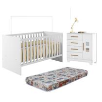 Quarto de Bebê com Berço com Colchão Suporte Life 100% MDF e Cômoda 4 Gavetas 1 Porta Fly 100% MDF Branco