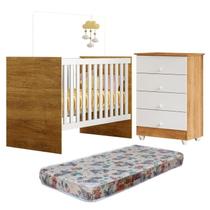 Quarto de Bebê com Berço com Colchão Suporte Life e Cômoda de Bebê 100% MDF 4 Gavetas Soft Life Branco/Madeirado Ypê