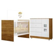 Quarto de Bebê com Berço com Suporte 100% MDF Life e Cômoda de Bebê 100% MDF 1 Porta 4 Gavetas Life Branco/Madeirado Ypê