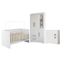 Quarto de Bebê com Berço com Suporte, Cômoda 1 Porta 4 Gavetas e Roupeiro Flocos 3 Portas 2 Gavetas Branco