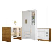 Quarto de Bebê com Berço com Suporte, Cômoda 1 Porta 4 Gavetas e Roupeiro Flocos 3 Portas 2 Gavetas Marrom/Branco/Madeirado Ypê