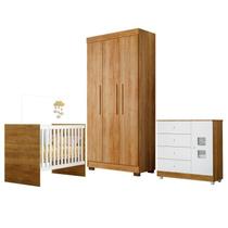 Quarto de Bebe com Berço com Suporte Mosquiteiro 100% Mdf Life Cômoda Life Guarda-roupa Flórida Branco/Madeirado Ypê - Tigus Baby