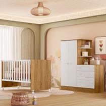 Quarto de Bebê com Berço e Guarda Roupa com Cômoda Doce Sonho Freijó Branco Qmovi