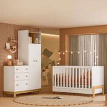Quarto de Bebê com Berço Fantasia e Guarda Roupa com Cômoda Flora Branco Acetinado Qmovi