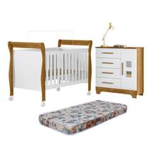 Quarto de Bebê com Berço Mini Cama 100% MDF com Colchão Slim e Cômoda 4 Gavetas 1 Porta Fly 100% MDF Branco/Madeirado Ypê