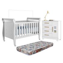 Quarto de Bebê com Berço Mini Cama 100% Mdf com Colchão Slim e Cômoda 4 Gavetas 1 Porta Fly 100% Mdf Branco