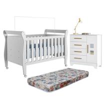Quarto de Bebê com Berço Mini Cama 100% MDF com Colchão Slim e Cômoda 4 Gavetas 1 Porta Fly 100% MDF Branco