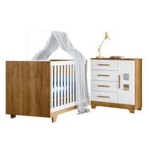 Quarto de Bebê com Berço Mini Cama 100% Mdf Life e Cômoda 4 Gavetas 1 Porta Fly 100% Mdf Branco/Madeirado Ypê