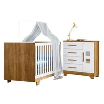 Quarto de Bebê com Berço Mini Cama 100% MDF Life e Cômoda 4 Gavetas 1 Porta Fly 100% MDF Branco/Madeirado Ypê