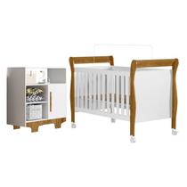 Quarto de Bebê com Berço Mini Cama 100% Mdf Slim e Cômoda 100% Mdf 1 Porta 3 Prateleiras Flocos