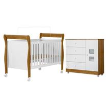 Quarto de Bebê com Berço Mini Cama 100% MDF Slim e Cômoda de Bebê 100% MDF 1 Porta 4 Gavetas Life Branco/Madeirado Ypê
