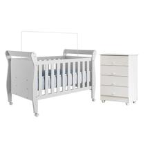 Quarto de Bebê com Berço Mini Cama 100% Mdf Slim e Cômoda de Bebê 100% Mdf 4 Gavetas Soft Life Branco