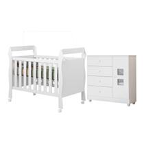 Quarto de Bebê com Berço Mini Cama 3 em 1 Soninho e Cômoda 100% MDF 1 Porta 4 Gavetas Life Branco