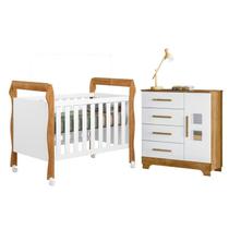Quarto de Bebê com Berço Mini Cama 3 em 1 Soninho e Cômoda 4 Gavetas 1 Porta Fly 100% MDF Marrom/Branco/Madeirado Ypê