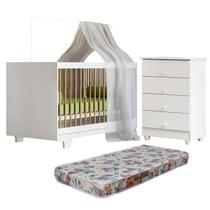 Quarto de Bebê com Berço Mini Cama com Colchão Flocos e Cômoda de Bebê 100% Mdf 4 Gavetas Soft Life Branco