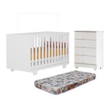 Quarto de Bebê com Berço Mini Cama com Colchão Life e Cômoda de Bebê 100% Mdf 4 Gavetas Soft Life Branco