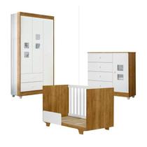 Quarto de Bebê com Berço Mini Cama, Cômoda 1 Porta 4 Gavetas e Guarda Roupa 3 Portas 2 Gavetas Life Branco/Madeirado Ypê