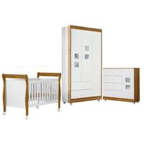 Quarto de Bebê com Berço Mini Cama, Cômoda 1 Porta 4 Gavetas e Guarda Roupa 3 Portas 2 Gavetas