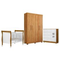 Quarto de Bebê com Berço Mini Cama, Cômoda 1 Porta 4 Gavetas e Roupeiro 4 Portas 3 Gavetas 100% MDF Marrom/Branco/Madeirado Ypê