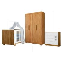 Quarto de Bebê com Berço Mini Cama, Cômoda 1 Porta 4 Gavetas e Roupeiro 4 Portas 3 Gavetas Quarto de Bebê com Berço Mini Cama, Cômoda 1 Porta 4 Gavetas e Roupeiro 4 Portas 3 Gavetas