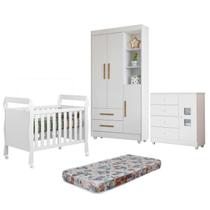 Quarto de Bebê com Berço Mini Cama, Cômoda 1 Porta 4 Gavetas e Roupeiro Flocos 3 Portas 2 Gavetas Branco